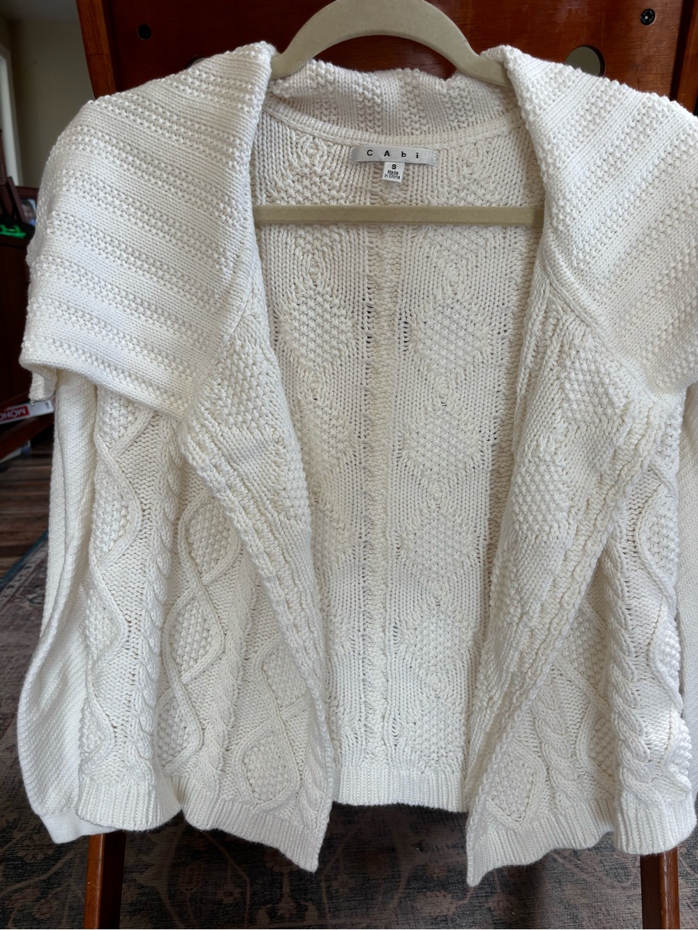 CAbi White Cable Knit Shawl-Collar Cardigan